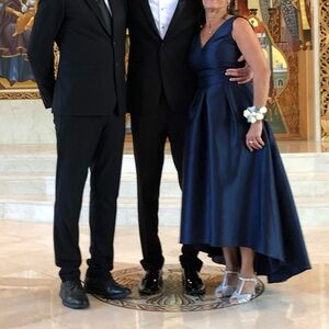 ALFRED SUNG Navy Blue Gown Dress, full length, sleeveless, pockets, dip hem